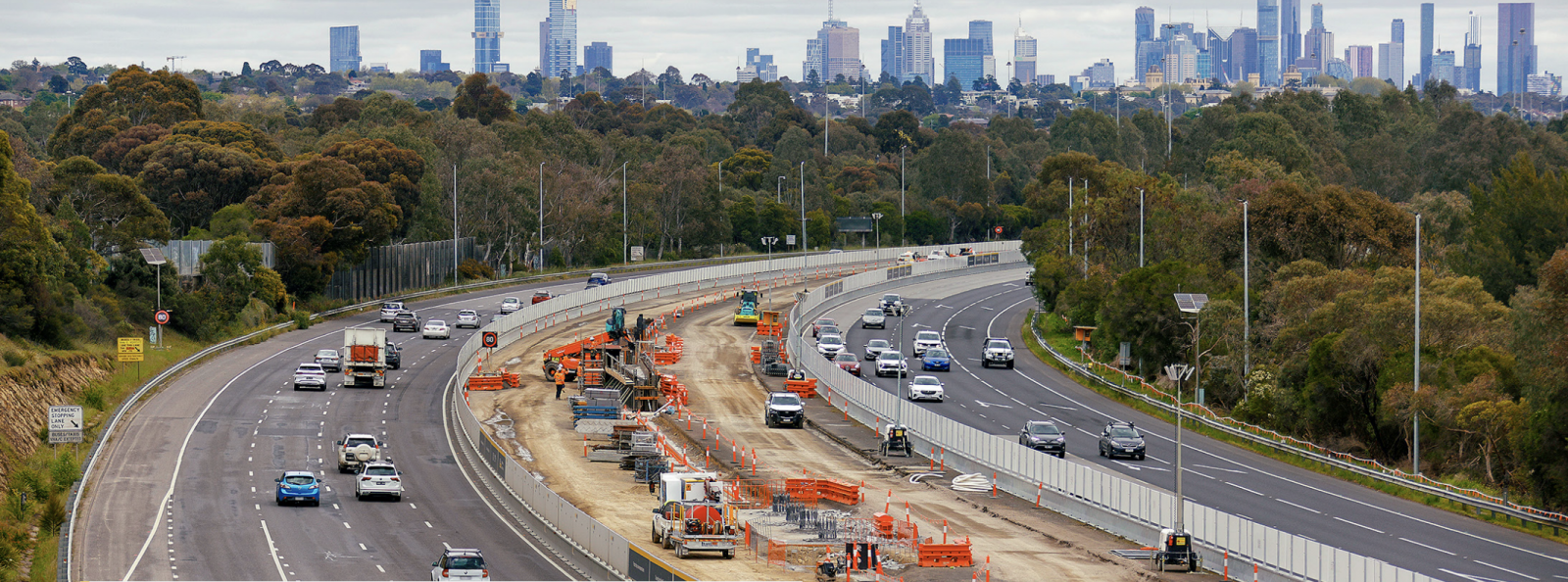 Showing a worksite in the centre median of a freeway