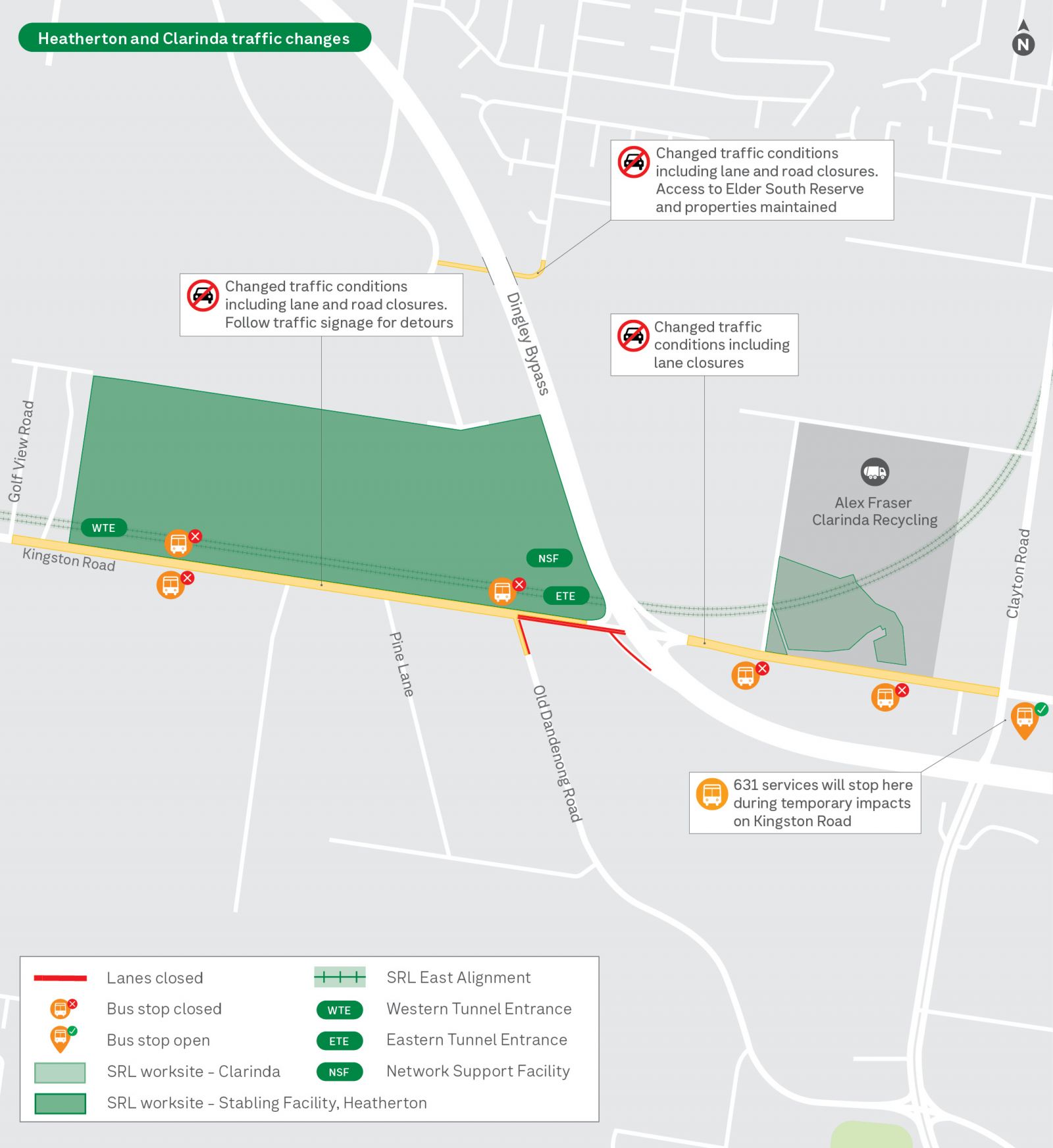 Heatherton and Clarinda traffic changes showing the Stabling Facility, Heatherton and Clarinda SRL worksites.