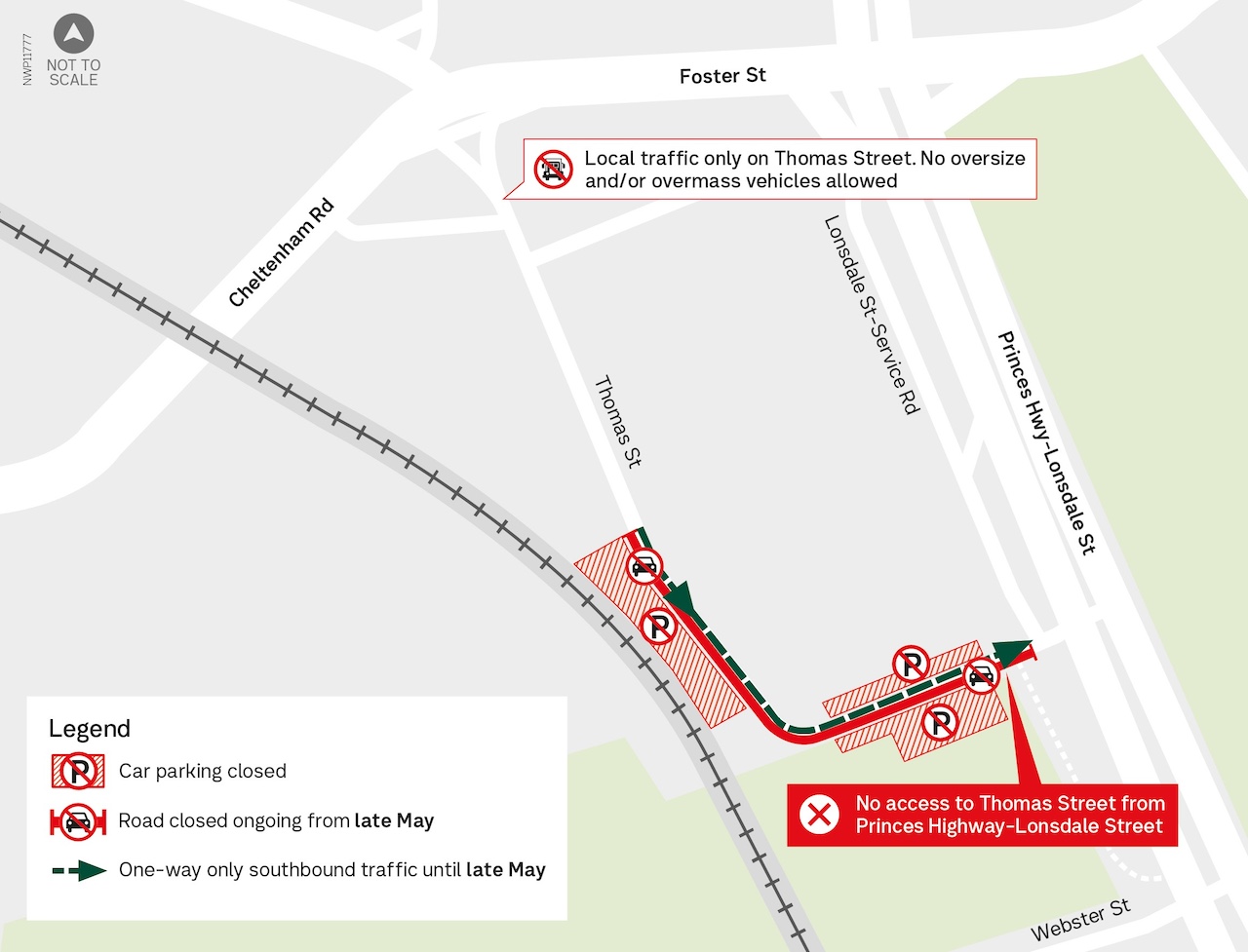 Map showing works area on Thomas Street, car parking closures and one way only southbound traffic.