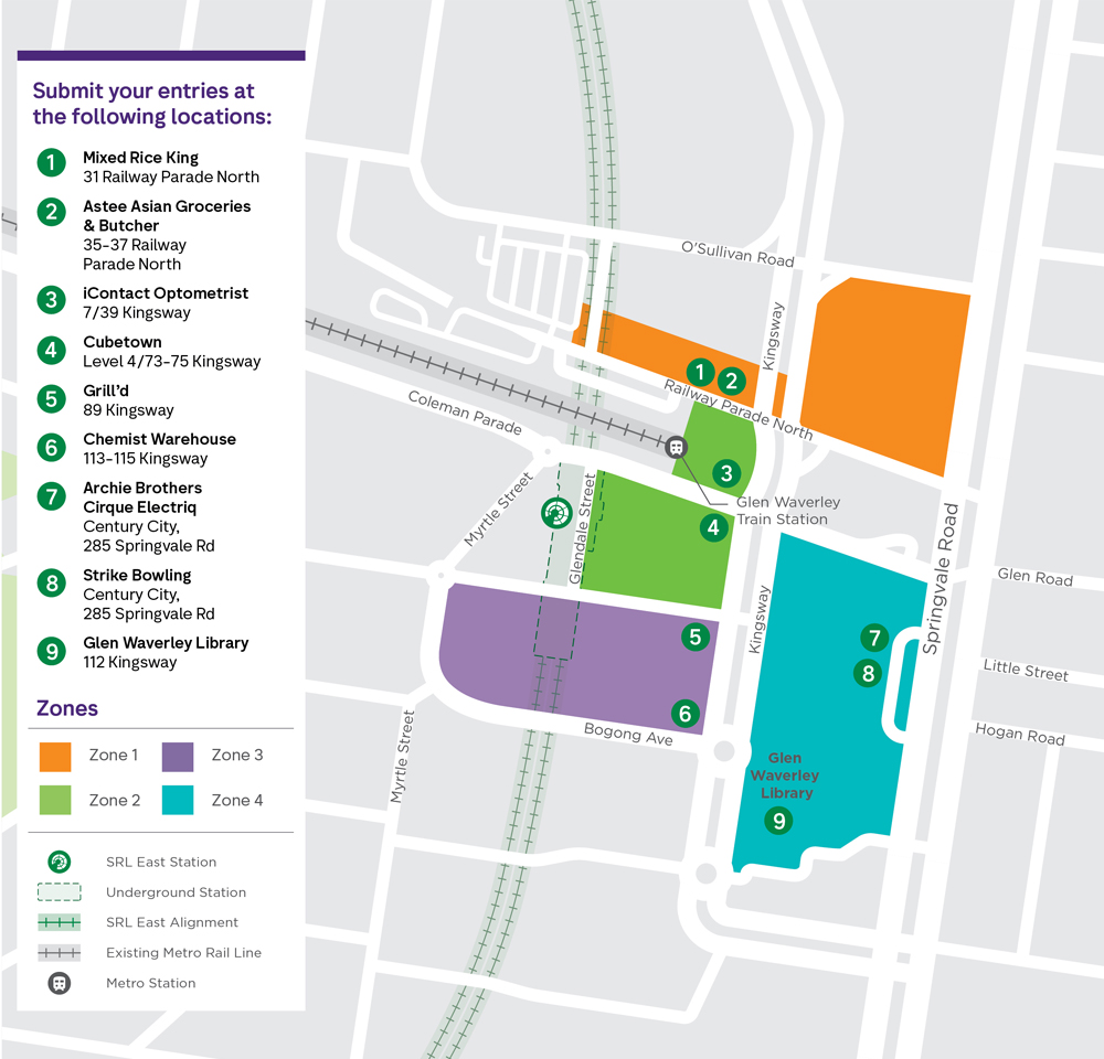 Map showing the location of SRL explore and win competition in Glen Waverley.