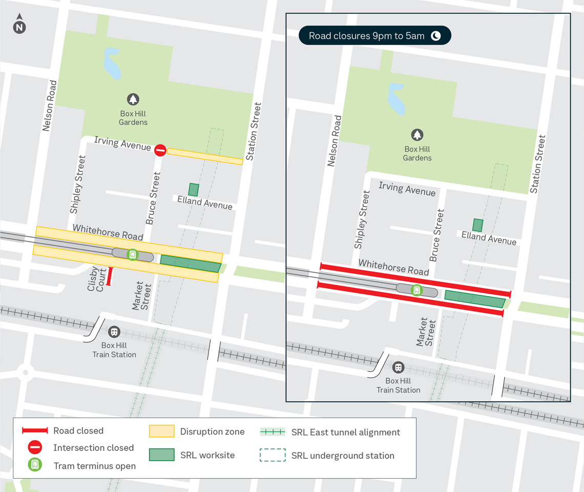 Map showing works in Box Hill during May and June on Whitehorse Road, Irving Avenue, and Clisby Court. 