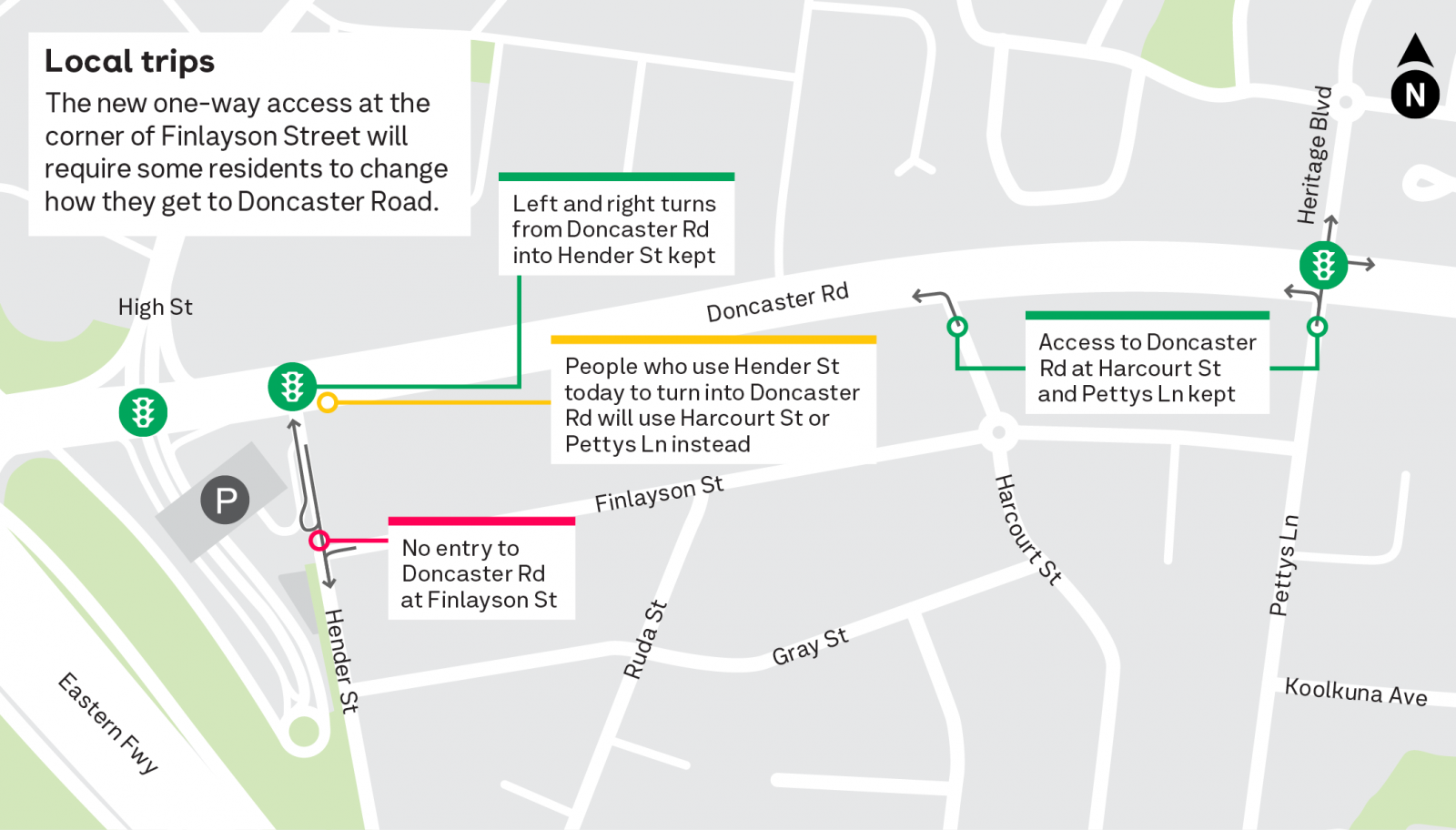 Local trips map. The new one-way access at the corner of Finlayson Street will require some residents to change how they get to Doncaster Road.