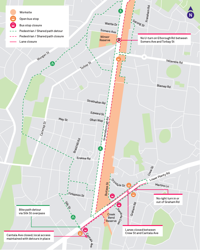 North East Link works map in Watsonia, McLeod and Yallambie