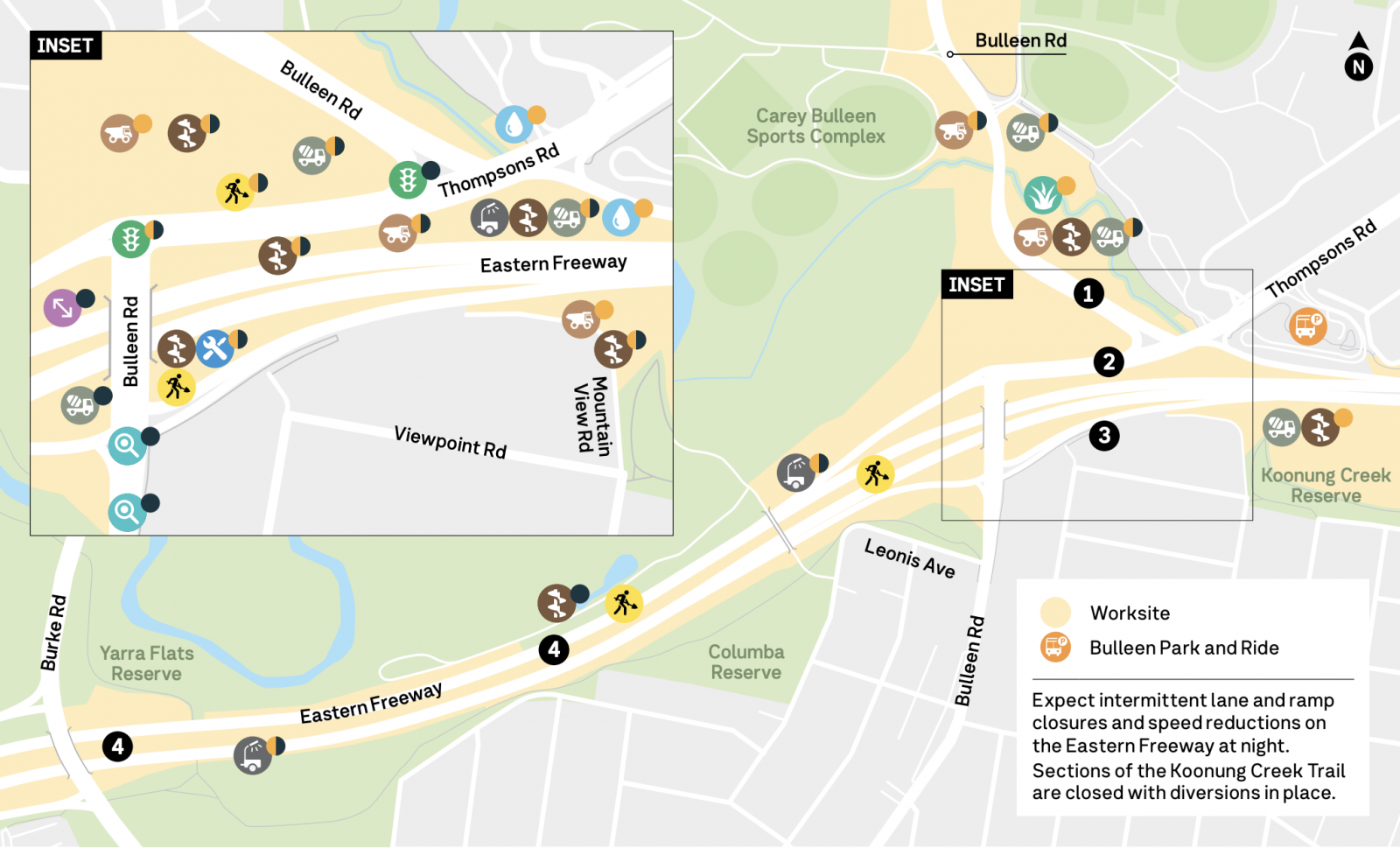 Map of worksite and Bulleen Park and Ride. Expect intermittent lane and ramp closures and speed reductions on the Eastern Freeway at night. Sections of the Koonung Creek Trail are closed with diversions in place. 