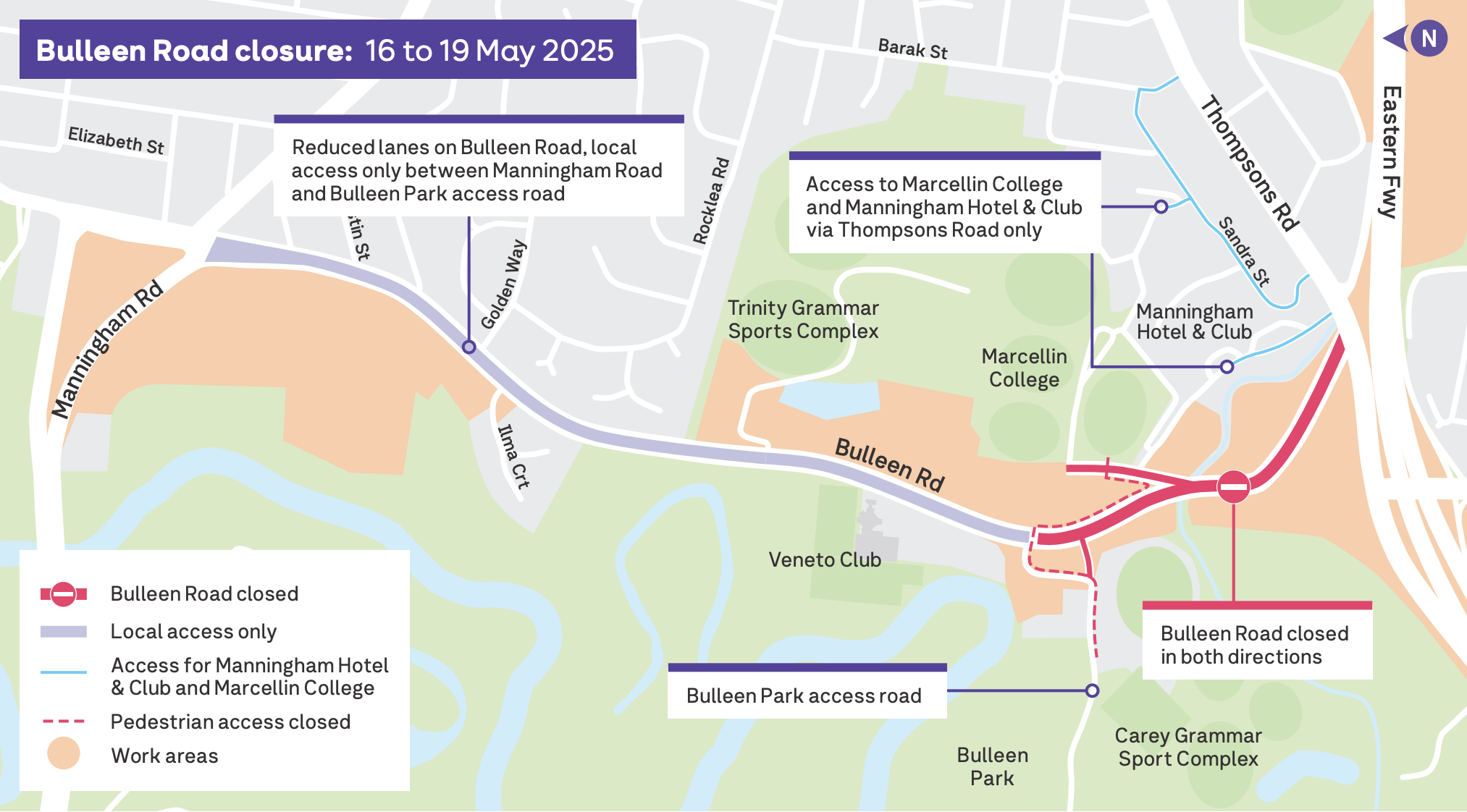 Bulleen Road closure map 16 to 19 May