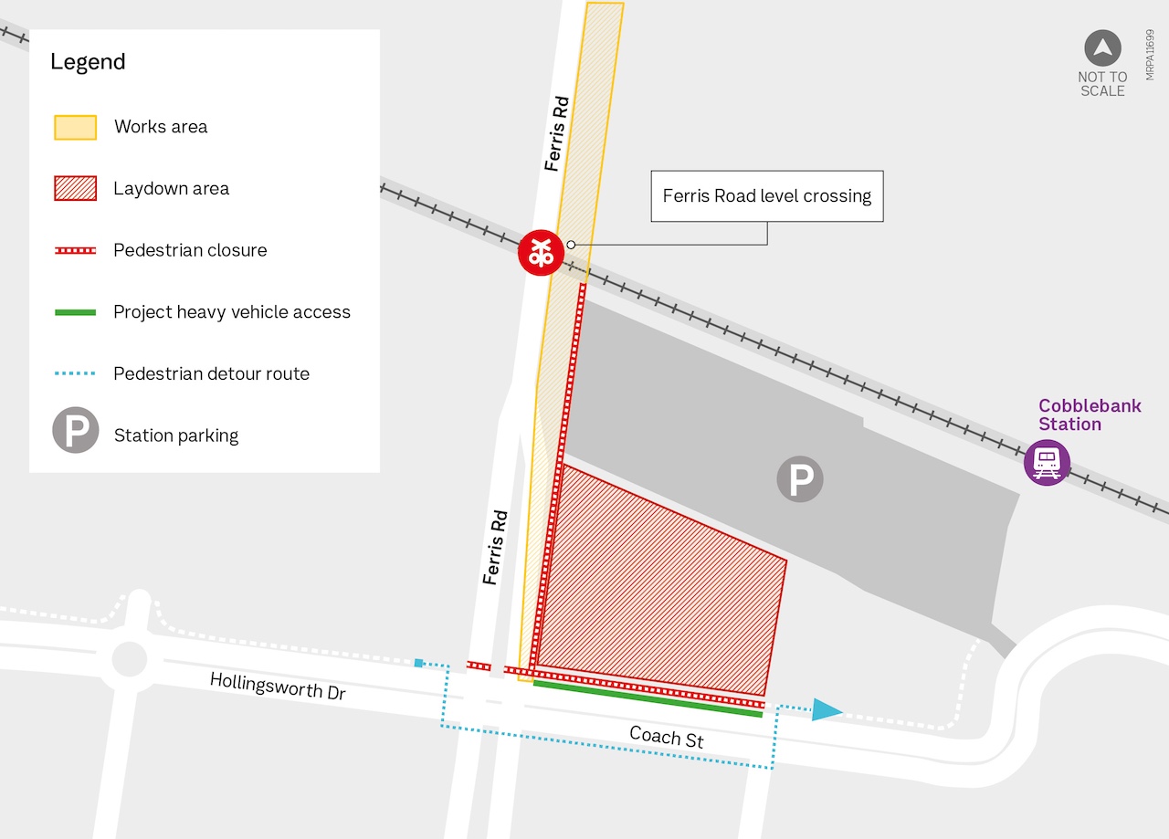 Map showing pedestrian detour route via Coach Street