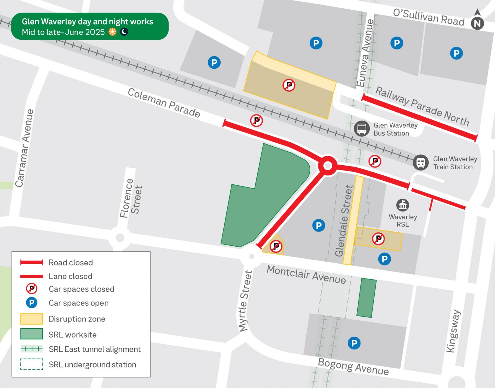 Map showing works on Myrtle Street, Railway Parade North and Coleman Parade