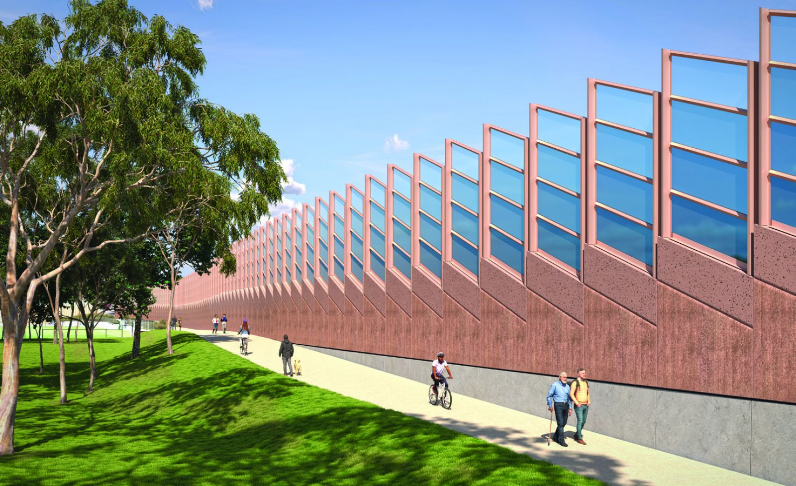 Artist's impression of concrete noise walls with Mat Rush weaving inspired patterns, Bulleen