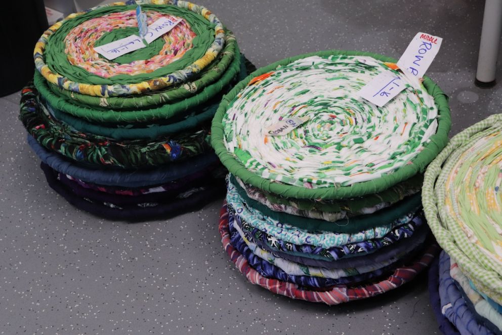 Pieces of woven art waiting to be installed