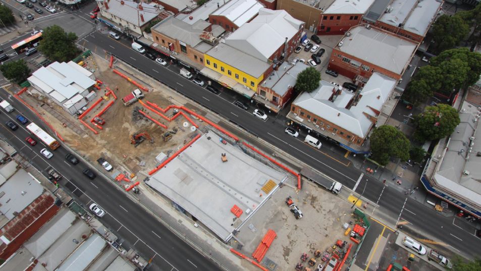 Ariel view of the Box Hill construction works over Whitehorse road.