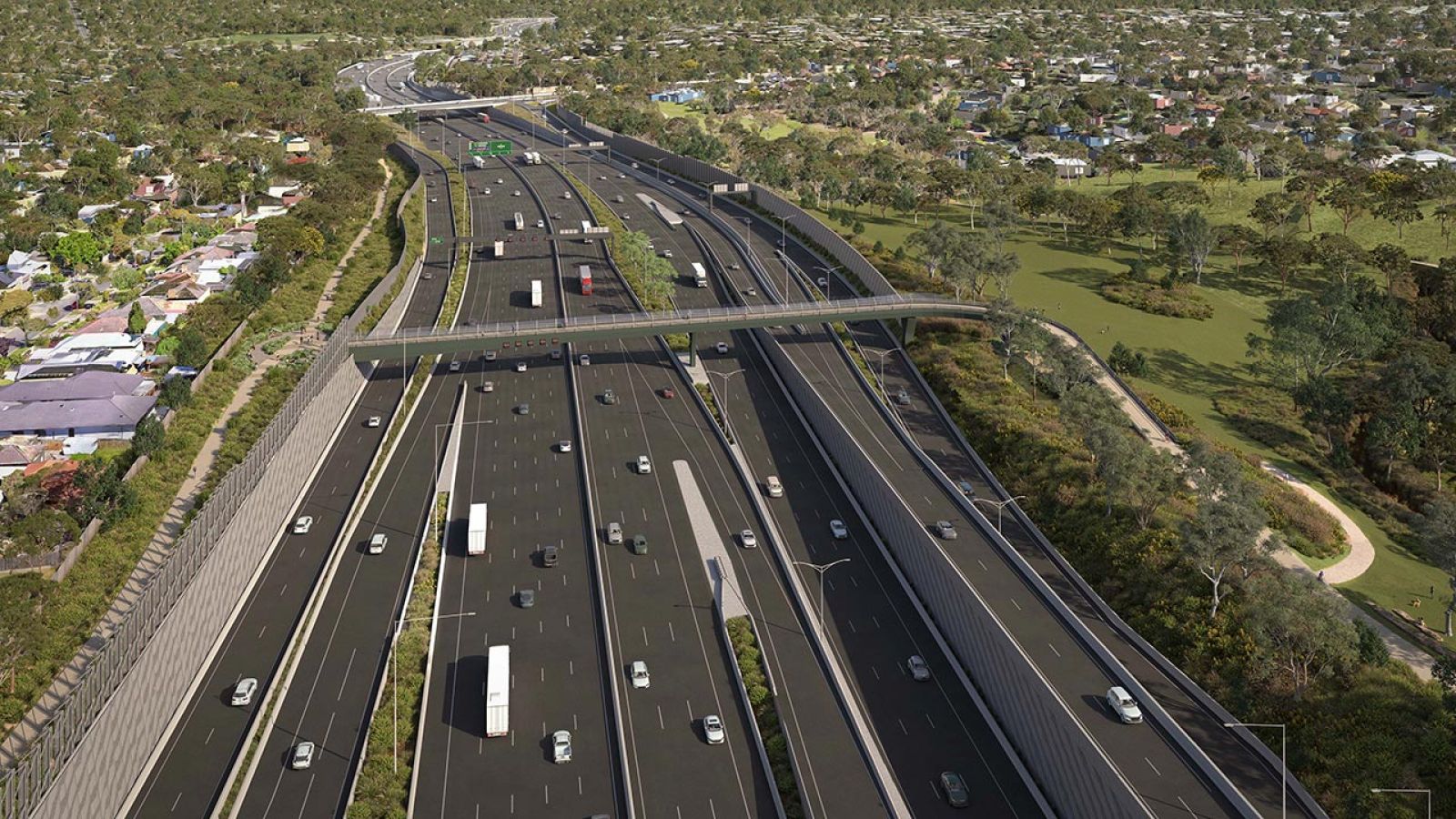 Artist's impression of new freeway lanes and Eram Park improvements, Box Hill North