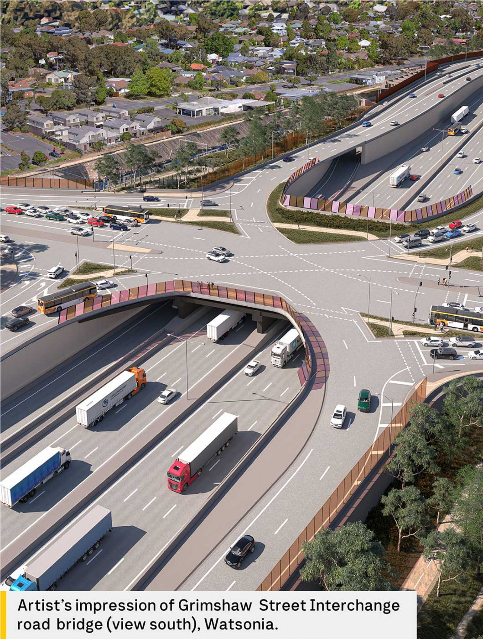 Artists-impression-of-Grimsham-St-Interchange-road-bridge, view south, Watsonia