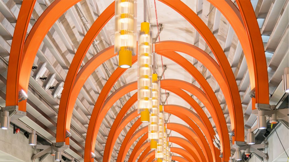 Chandelier lights at State Library Station 