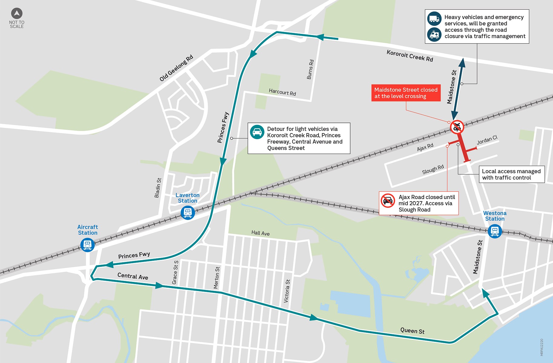 Detour for light vehicles via Kororoit Creek Road, Princes Freeway, Central Avenue and Queens Street