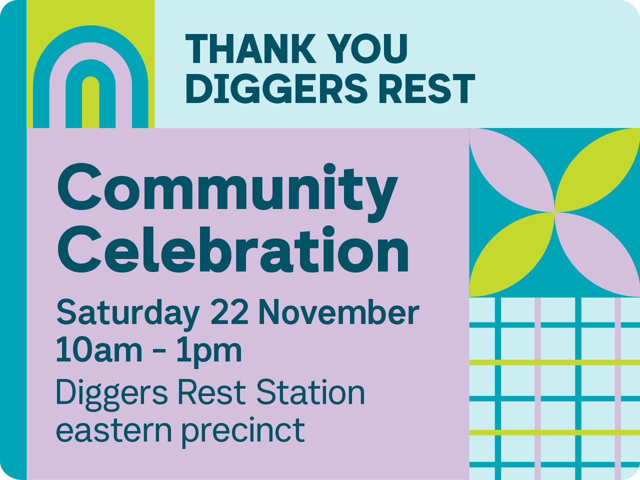 Community Celebration. Saturday 22 November 10am to 1pm. Diggers Rest Station eastern precinct
