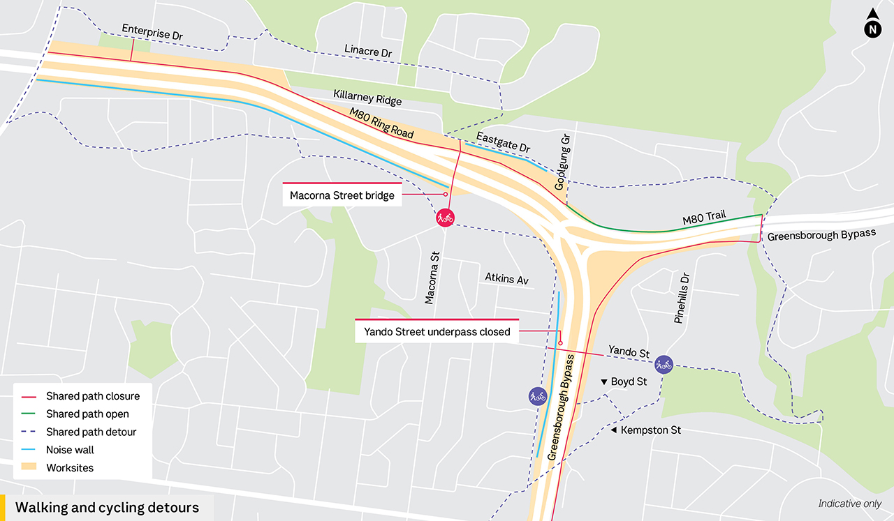 Macorna Street pedestrian bridge closure detour map