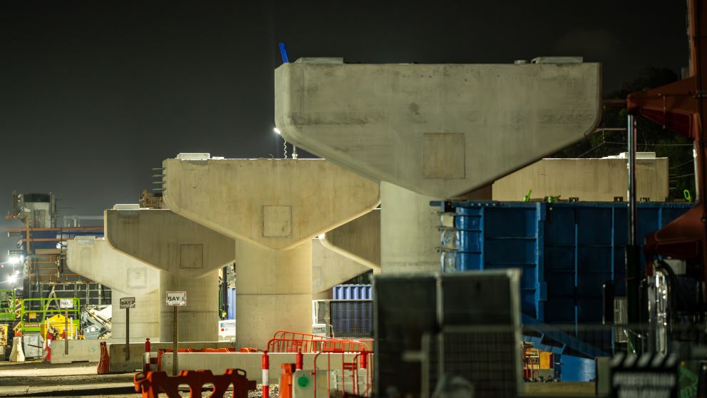 Concrete piers where the elevated rail will run over Maddox Road
