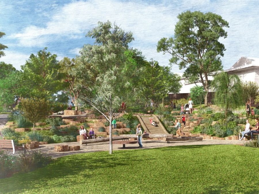 Render of an open space with children playing