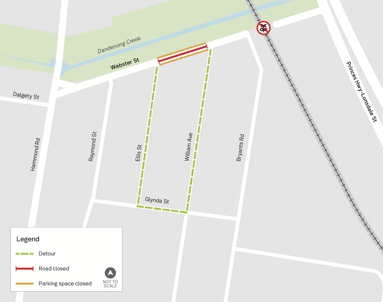 Map showing detour via Ellis Street, Glynda Street and Williams Avenue