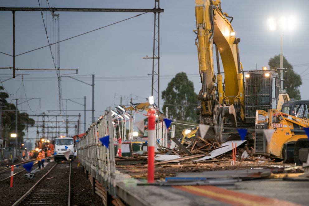 Works continue to demolish the station buildings on platform 2