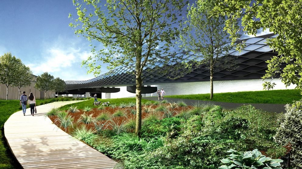 Artist impression of Maribyrnong River Bridge with cycling and walking path to River Promenade below