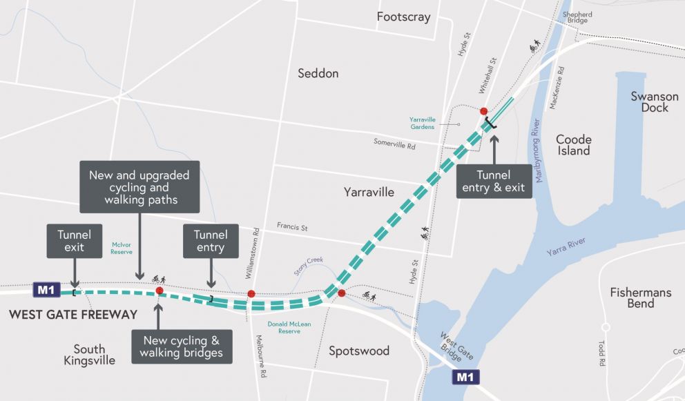 A map highlighting the scope of work on the project, including tunnel entry and exit portals, new walking and cycling paths, new lanes and city connections