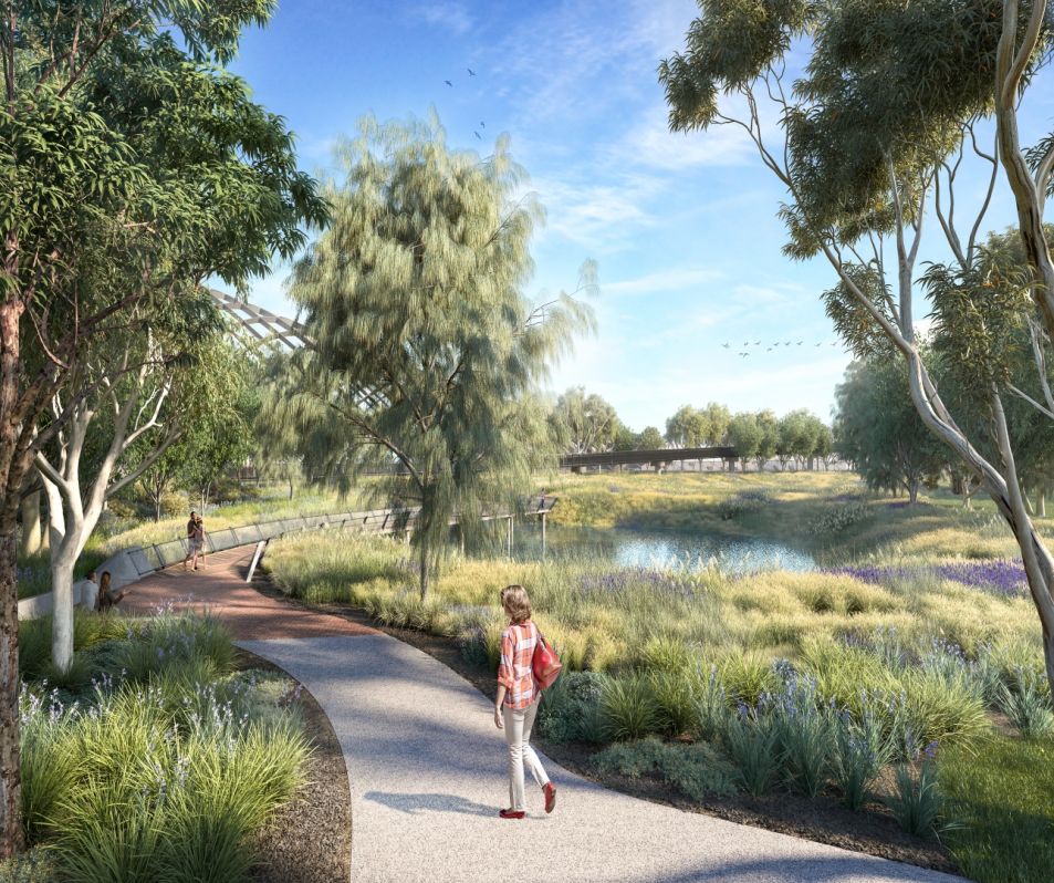 Artist impression of shared use path over Whitehall Street to the Maribyrnong River