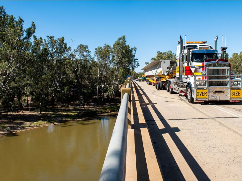 Beam being transported across the Barmah Bridge