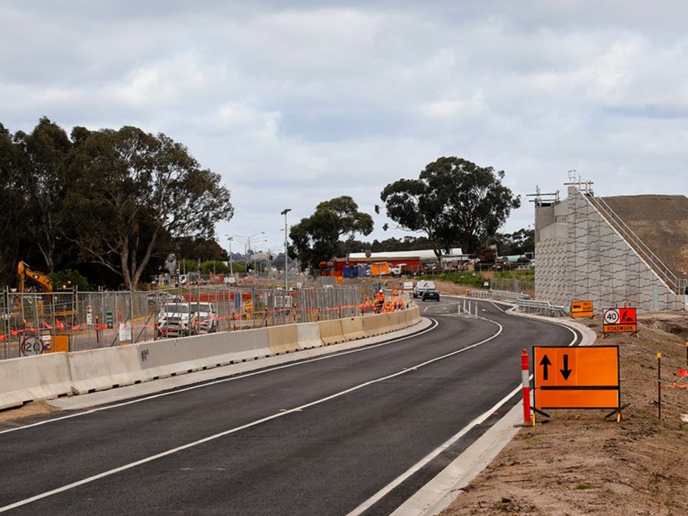 Traffic using the new eastbound lanes on Centre Dandenong Road while the westbound lanes are being widened