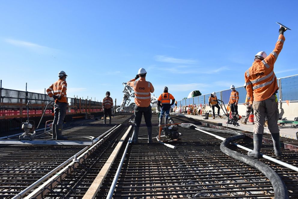 Pouring 80 cubic metres of concrete, to build the O’Herns Road bridge deck.