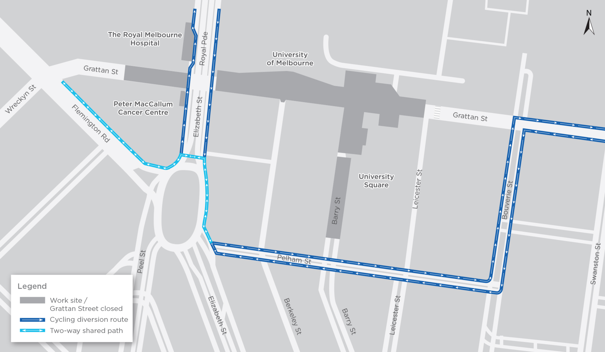 Map of changes cycling routes in Parkville