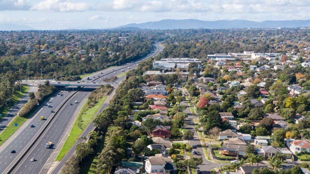 Aerial view of the Eastern Freeway and Middleborough Road intersection. 