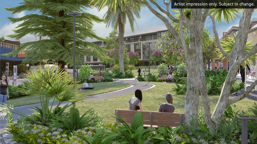 Artist impression of Mentone Station garden design looking towards Balcombe Road. Artist impression only. Subject to change.