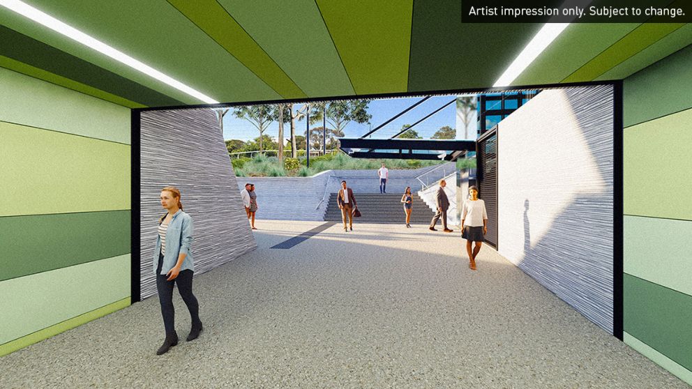 Artist impression of the underpass at Merinda Station. Artist impression only. Subject to change.