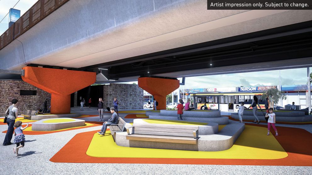 Artist impression of new open space under the rail bridge with seating and bright colours. Artist impression only. Subject to change.