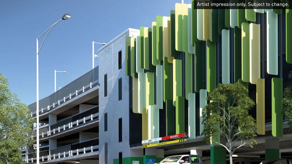 Artist impression of new Mooroolbark multi-deck car park entrance with green architectural screening. Artist impression only. Subject to change.