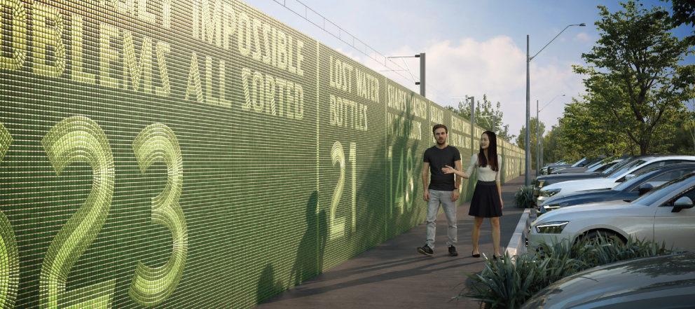 Render of an artwork made of green tiles with numbers and words, and people walking in front
