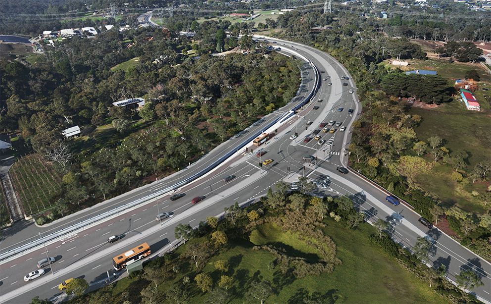 Artist impression of Kurrak Road intersection with mature landscapes surrounding as well as a dedicated bus lane.