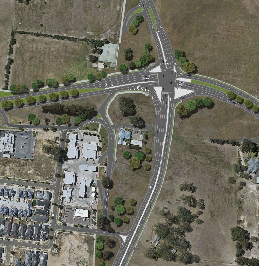 An aerial image artist impression of Bridge Inn Road intersection. The bottom left corner has housing and property whereas the other areas surrounding the intersection is full of bare land.