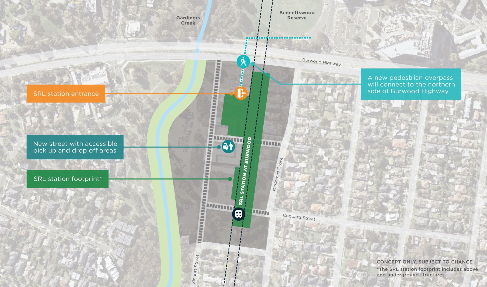 Map: SRL Station at Burwood. Pedestrian overpass over Burwood Highway, leading into the station's northern entrance. 