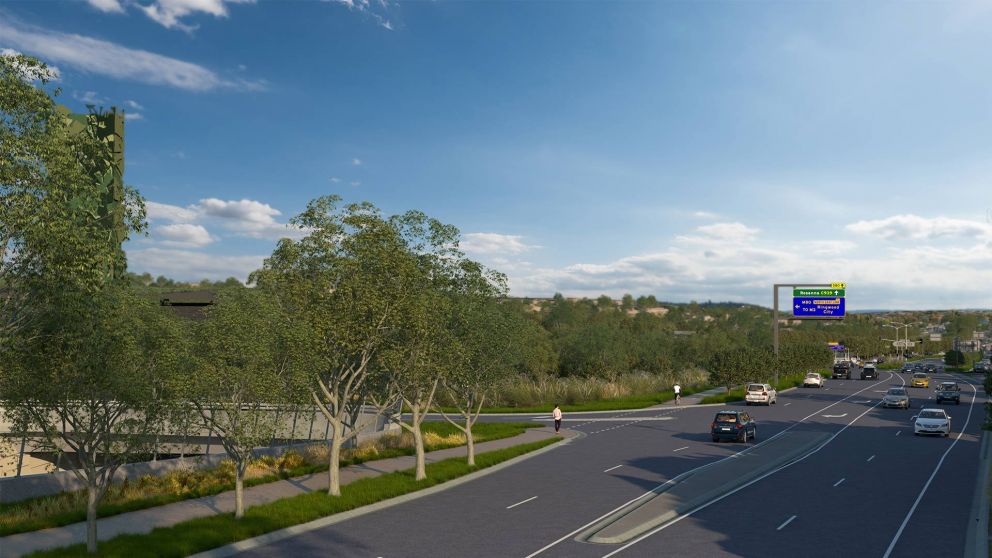 Artist impression of North East Link tunnel entry at Blamey Road looking south with ventilation structures located on what is currently Simpson Barracks land to reduce visual impacts for local residents.