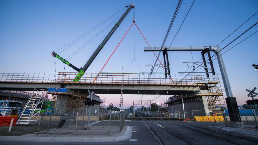 An L-beam is installed over the Pakenham line