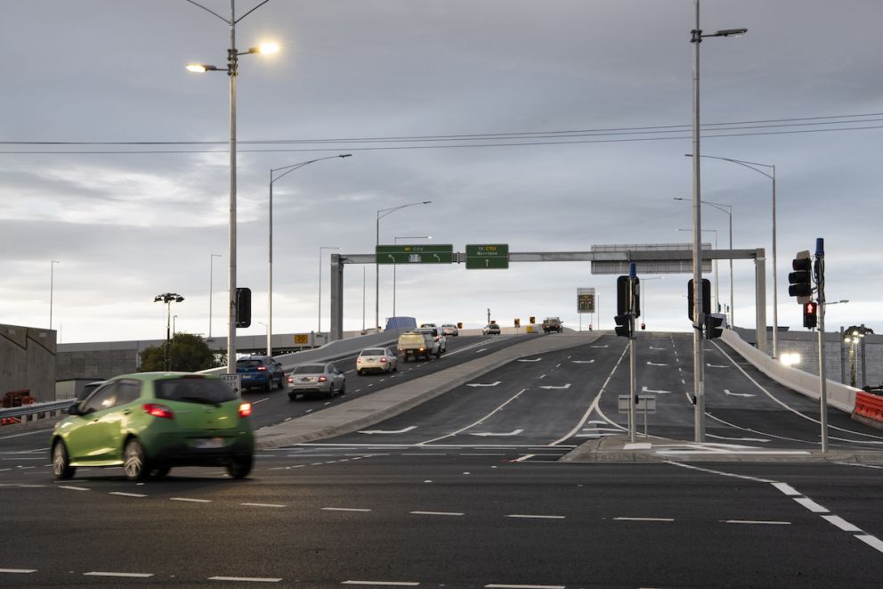 Cars travelling over the newly opened Old Geelong Road bridge.