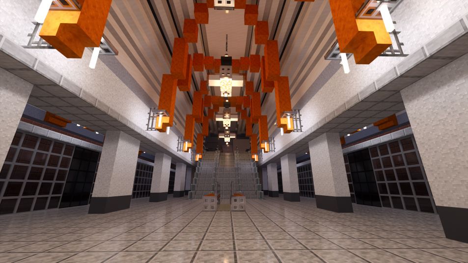 Screenshot of Minecraft 2.0 showing the new Town Hall Station's platform facing escalators