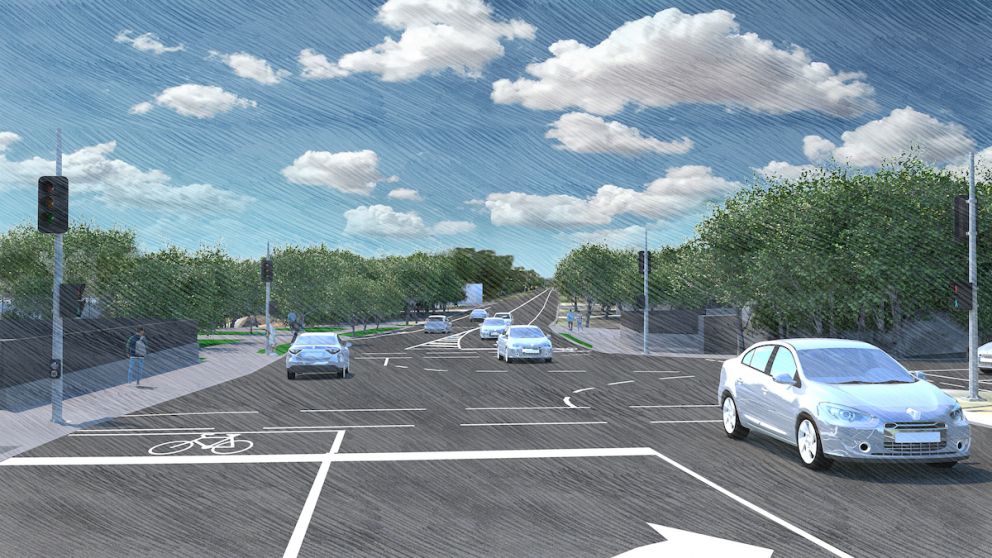 Looking east at cars travelling along a boom gate free Bedford Road. Artist impression only, subject to change.