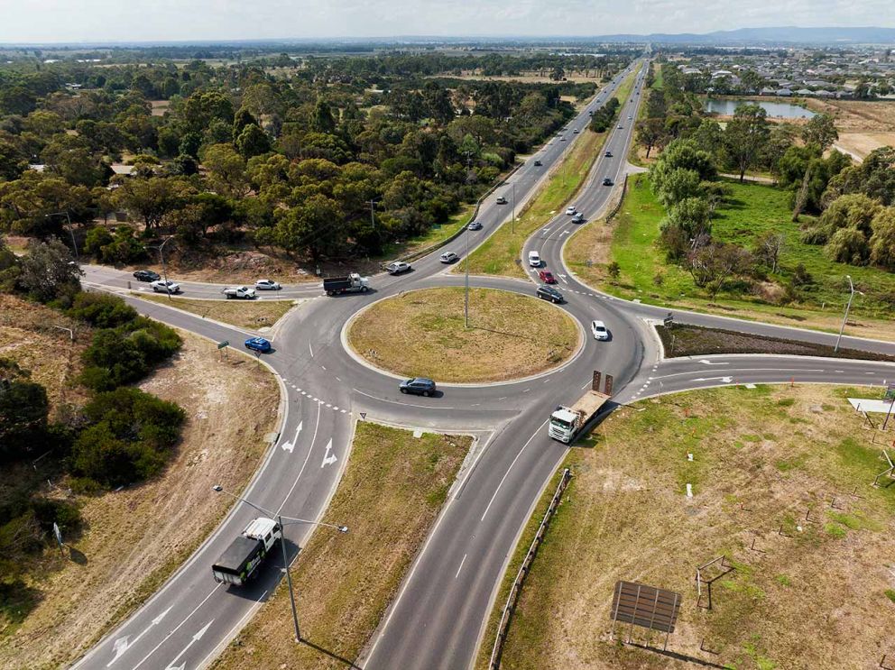 Aerial view of the Ballarto Road and Western Port Highway intersection