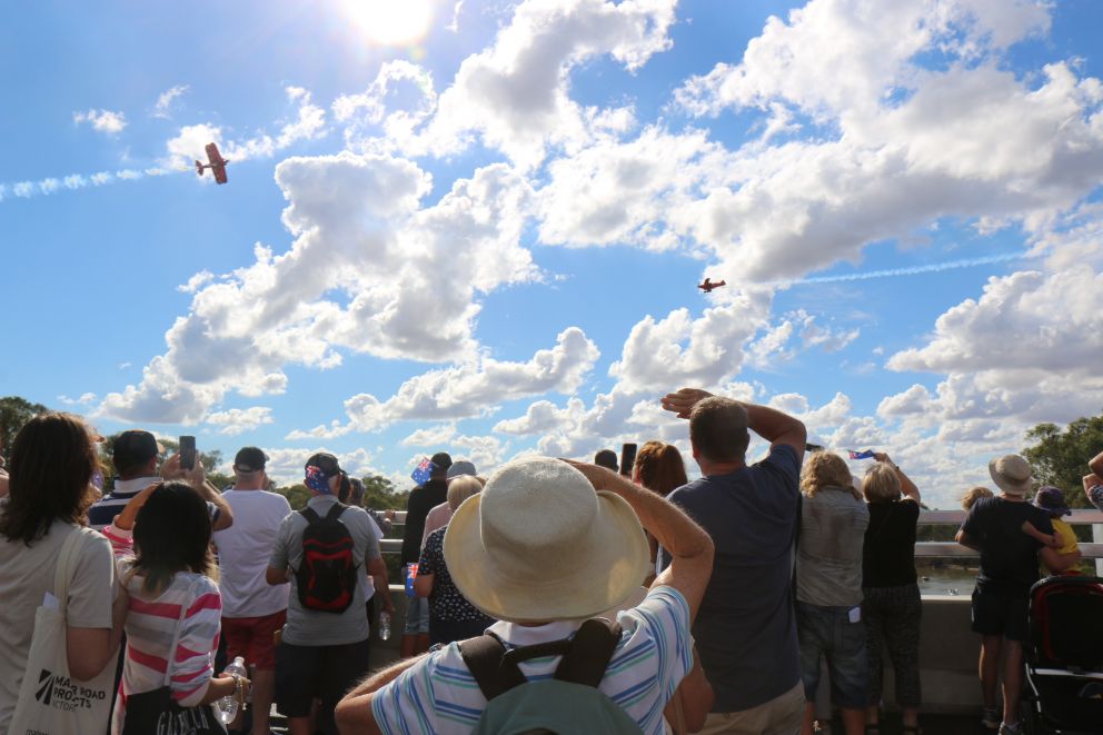 Acrobatic planes flying above the bridge on Echuca-Moama Bridge Project