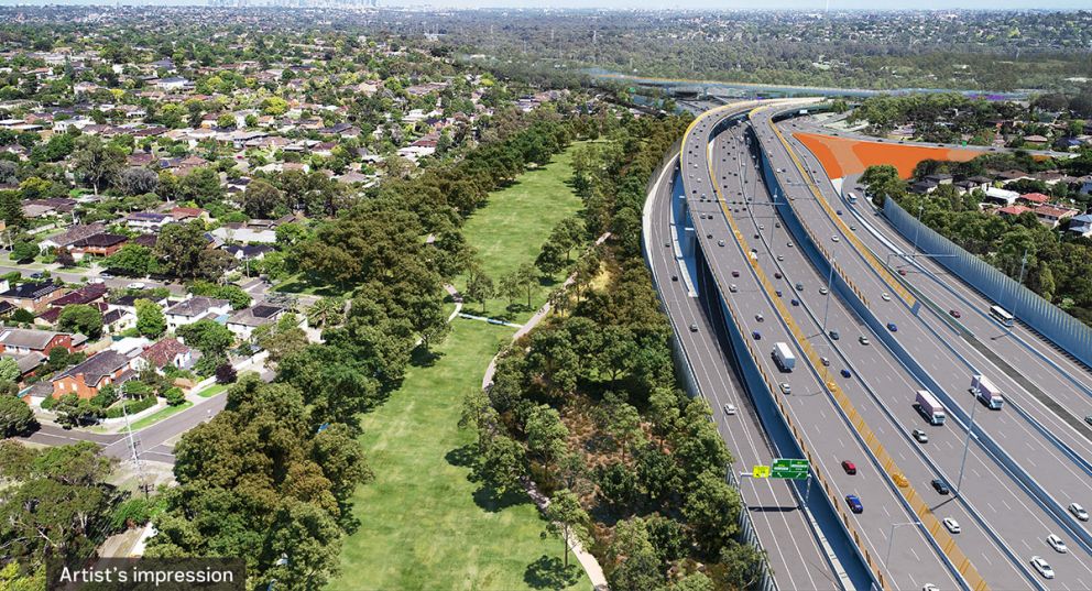 Artist’s impression view looking west of Eastern Freeway upgrades and Eastern Express Busway with new tree planting and upgraded Koonung Creek Trail, Balwyn North.  