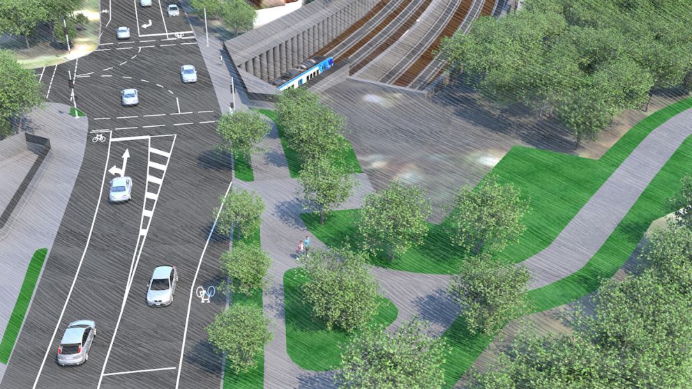 Looking west at cars travelling over the rail trench on Bedford Road. Artist impression, subject to change.