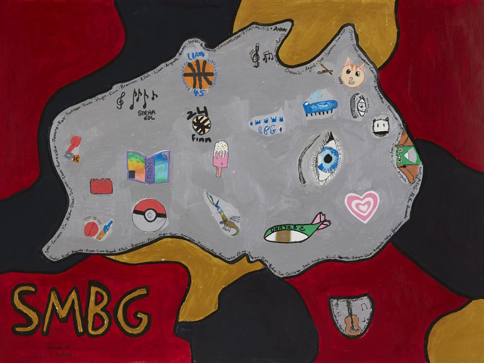 Artwork of Australia with elements of identity such as pokemon, basketball, food and animals.